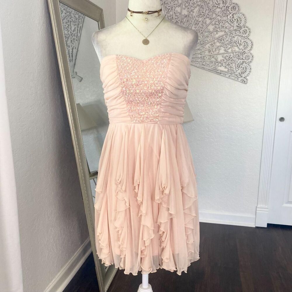 As U Wish Cream Pink Ruffle Frilly Sequin Siren Mermaid Strapless Dress S / 3